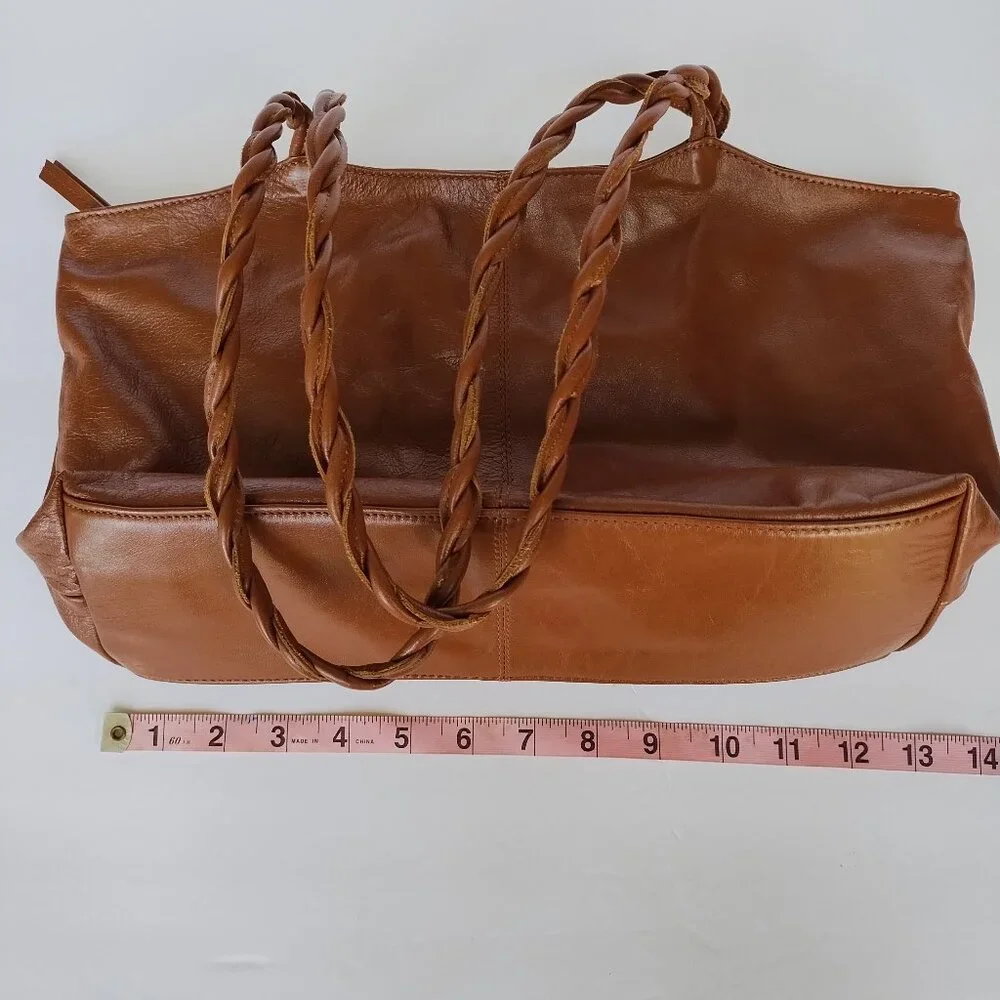 Latico Women's Brown Glossy Leather Tote Bag Purse With Braided Handles - Picture 6 of 16